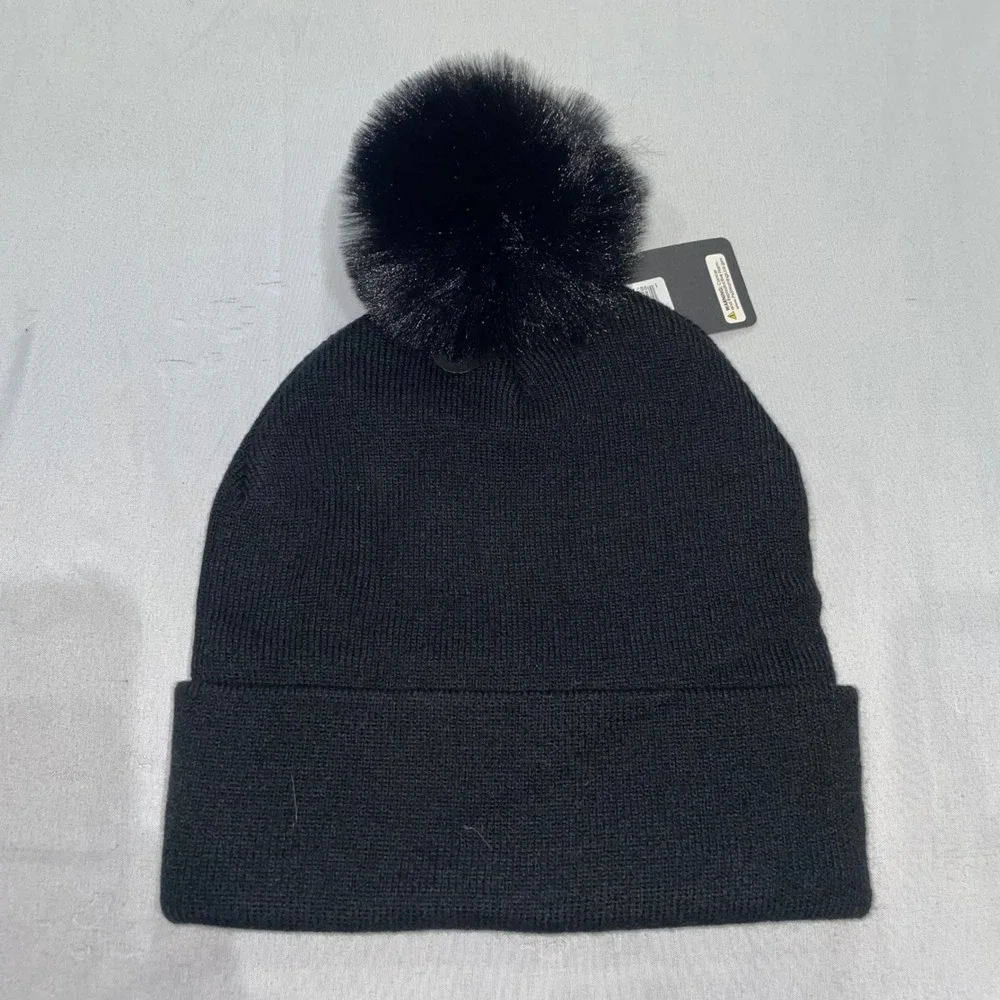 Ed Hardy Love Kills Slowly Black Rhinestone Beanie Faux Fur Pom Hat NWT